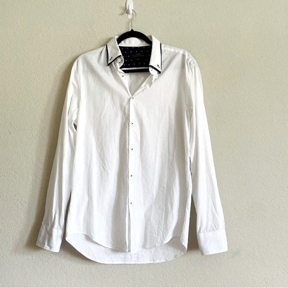 Zara Men's White Dress Shirt size L navy accents formal summer preppy night out - Picture 1 of 9